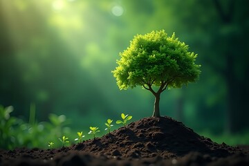 A solitary young tree sprouts from rich soil bathed in golden sunlight amidst lush greenery