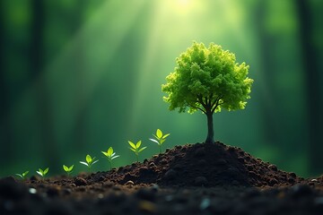 A single vibrant green tree stands tall on a mound of soil bathed in soft sunlight with a line of saplings stretching behind it