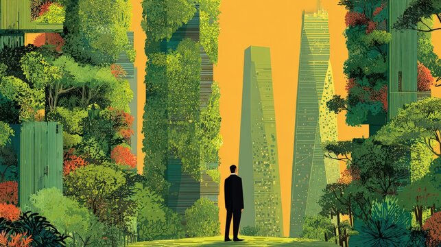 Citys pulse below, confident leader, nurturing verdant investment in urban wilderness