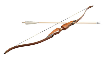 Isolated recurve bow with an arrow, wood laminate limbs, string, hunting, target practice