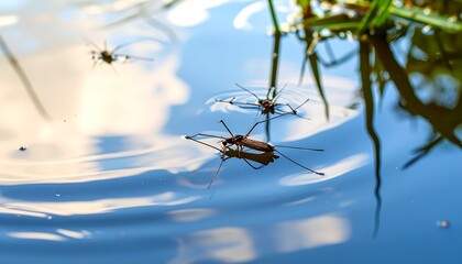 Water Striders on Calm Blue Water Surface
