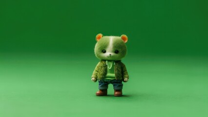 A charming, digitally rendered plush toy bear, green and textured,  wearing a matching jacket, shirt, and jeans, stands against a solid green backdrop. Its expression is friendly and endearing