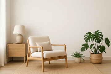 Minimalist armchair with monstera plant and lamp in a bright room side table plants