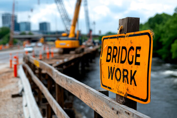 A construction sign indicating "Bridge Work" near a river, with machinery and a partially built bridge in the background, suggesting ongoing infrastructure development.
