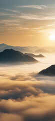 Mountains in sea of clouds at sunrise
