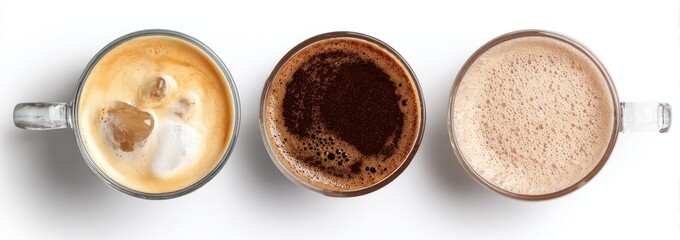 Three coffee drinks in mugs, top view