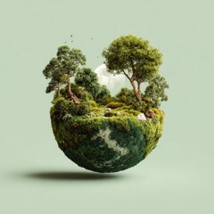 A miniature, lush, spherical earth afloat, teeming with diverse greenery, trees, and a serene moonlit sky