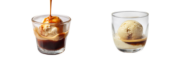 Delicious ice cream dessert with espresso shot transparent background studio setting close-up
