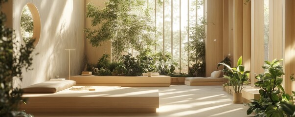 Modern sustainable living room with natural sunlight.