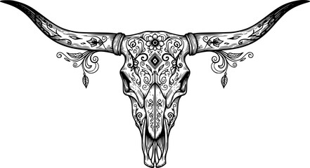 Detailed linework longhorn steer skull western americana rustic animal skull art vector
