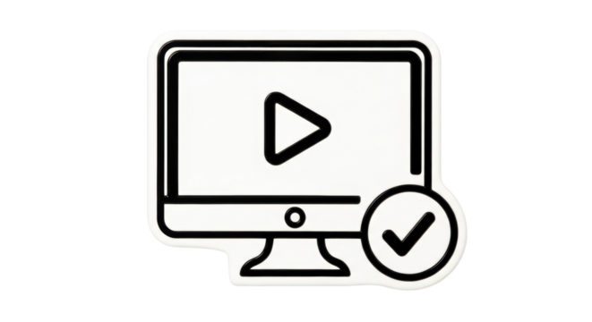 Isolated Video Playback on Computer Icon with Checkmark Approved, Sign of Verified Success