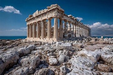 Obraz premium Historic greek temple on rocky landscape high resolution picture