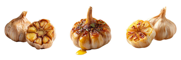 Roasted garlic cloves with transparent background culinary art studio setting close-up view