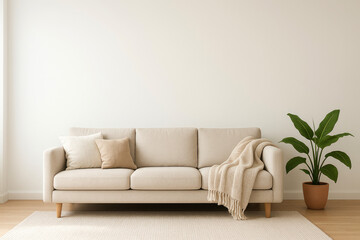 Minimalist living room with beige sofa and potted plant couch interior