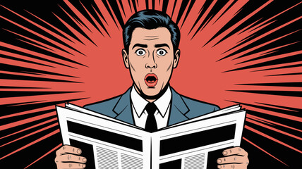 Pop art vector illustration of shocked man reading newspaper with surprised expression
