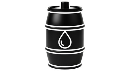 Isolated Barrel of Oil Rendering with White Stripes and a Drop on the Side, Black Color