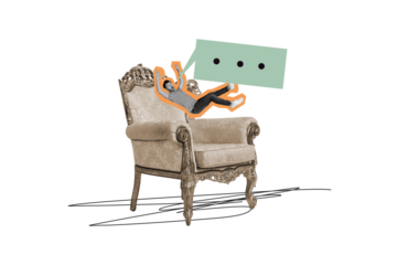 Composite photo collage of astonished man fall royal armchair bubble communication speech talk phrase isolated on painted background