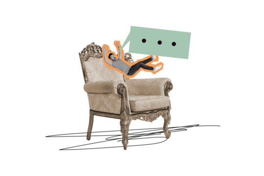 Composite photo collage of astonished man fall royal armchair bubble communication speech talk phrase isolated on painted background