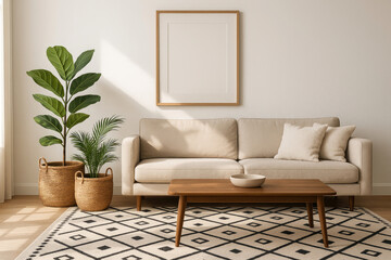 Minimalist Living Room with Beige Sofa, Wooden Table, and Diamond Rug interior couch