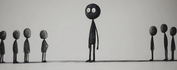 Minimalistic stick figures standing apart outdoors.