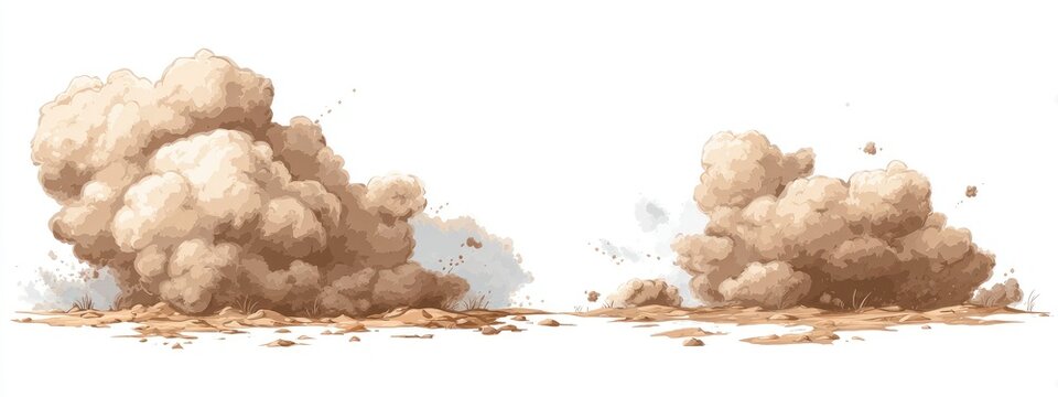 Two large clouds of beige dust or sand erupting from the ground