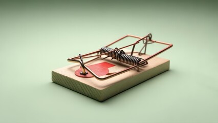 A classic wooden mousetrap, set and ready, sits on a pale green surface. The spring mechanism is visible, along with a red bait.  It's a simple, yet effective design