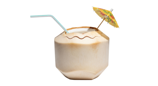 Isolated Refreshing tropical coconut fruit drink beverage with straw and small decorative umbrella - Powered by Adobe