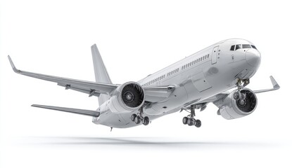 Obraz premium White passenger jet in mid-flight, angled view