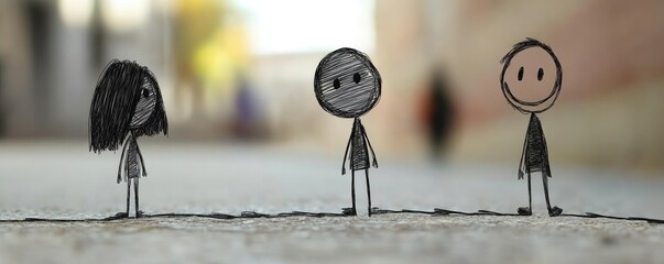 Minimalistic stick figures standing apart outdoors.
