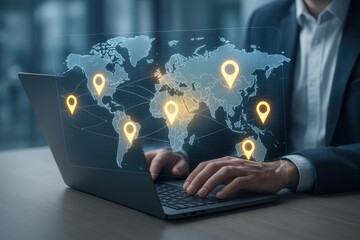Global Connections: A business professional meticulously navigates a network of international locations and global business development.
