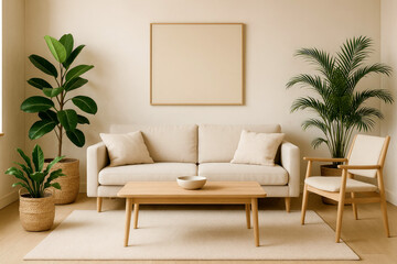 Modern living room with beige sofa, wooden coffee table, and potted plants interior