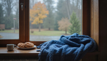 Cozy window sill with warm blankets, coffee, and autumn scenery  