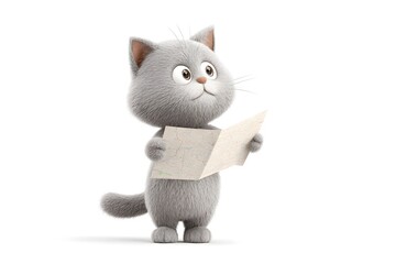 A curious kitten standing with a map of the school campus, pointing directions for friends, 3d animation, isolated on a white background