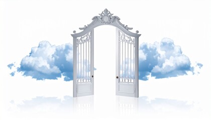Obraz premium Render a grand ornate gate with gold scrollwork and white pillars topped with golden domes, surrounded by fluffy clouds and open to a serene sky, emphasizing divine symbolism and ethereal architecture