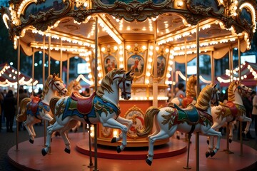 A brightly lit carousel horse ride at night.