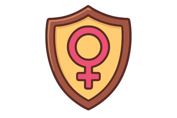 Women's health and rights protection concept. Female gender symbol on a shield. Feminism, empowerment, and safety icon. Metaphor for girl power, security, and equality. Vector.