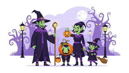 Enchanting Halloween Gathering: A whimsical Halloween illustration depicts a spooky family with friendly witches and pumpkin costume, full moon and tree silhouettes. 