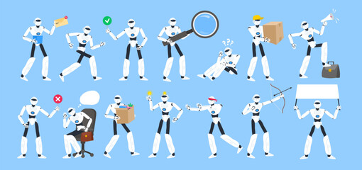 robot in various poses and situations scenes set  modern technology vector illustration