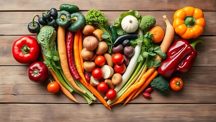 Fresh vegetables arranged in a heart shape on rustic wood, soft natural backlighting emphasizing wholesome nutrition concept.