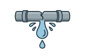 Water leak from broken pipe icon. Vector cartoon illustration of a burst pipeline. Plumbing problems, water damage, and home repair emergency concept. Dripping water from cracked tube.