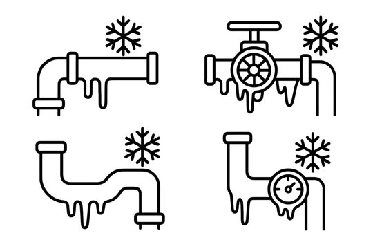 Frozen pipes icon set. Water pipe burst in winter. Plumbing problem line icons. Cold frost damage, emergency repair symbol. Vector illustration for web, apps, and ads.