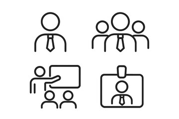 Minimalistic Business and Team Icons Set. Simple Line Art of Leader, Group, Presentation, and ID Badge Symbols for Web, Apps, Social Networks, Banners, and Corporate Design with Transparent Background