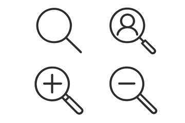 Search icon set line art. Magnifying glass vector illustration with plus, minus, and user profile symbol. Zoom in, zoom out, and find person concept for web, UI, UX design.
