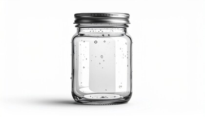 Render a clear glass mason jar with metal screw-on lid and water droplets on surface, centered against white background, emphasizing household utility, freshness, and minimalist design clarity.