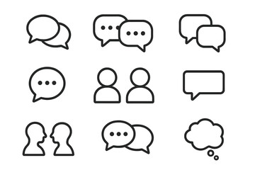 Communication line icon set. Chat speech bubble, message, dialogue outline vector signs. People talking, user profile, forum, support, comment, and feedback symbols for web.