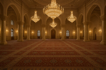 Luxury Mosque Interior with Chandeliers and Geometric Patterns