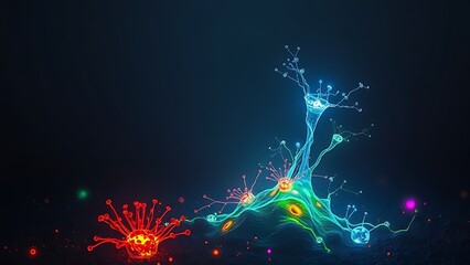 A glowing malignant growth being starved of its vibrant nutrient streams on a dark field.