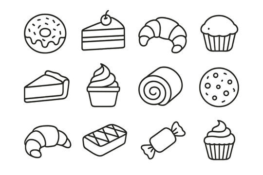 Pastry and desserts icon set. Bakery, cafe, sweet food concept. Outline linear collection for web and apps. Donut, cake, cupcake, croissant vector symbols. Editable stroke.