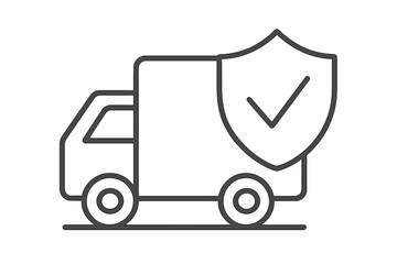 Secure delivery truck line icon with shield checkmark symbol, thin line vector illustration for logistics protection, safe shipping concept, transparent background