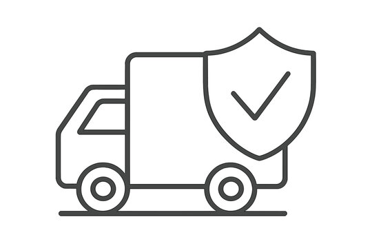 Secure delivery truck line icon with shield checkmark symbol, thin line vector illustration for logistics protection, safe shipping concept, transparent background